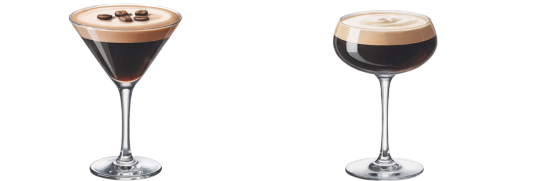 Exquisite Espresso Martini Cocktails in Elegant Glassware for Menus or Drink Recipes, transparent background