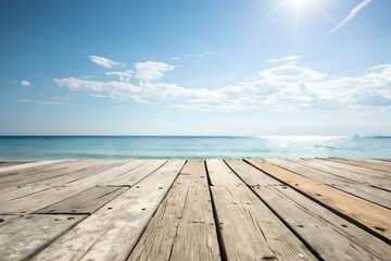 Fototapeta premium Wooden Pier Overlooking Tropical Ocean Horizon Under Bright Blue Sky