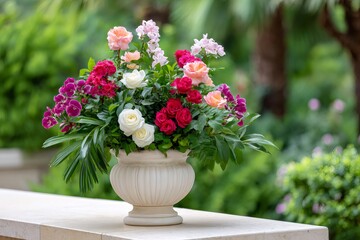 Colorful bouquet of roses and orchids decorating a garden