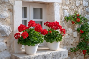 Red geraniums decorating window of traditional stone house