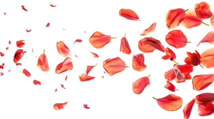 Red tulip petals flying against a transparent background