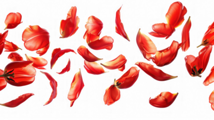 Red tulip petals falling against a transparent background