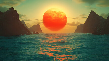 Surreal ocean sunset red sun over dark islands