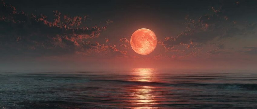 A big, red moon is visible over a gloomy