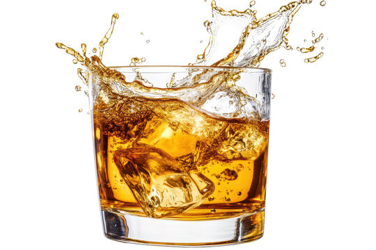 Golden whisky rum splash in a glass with ice captured against a transparent background showcasing dynamic movement and vibrant colors
