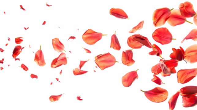 Red tulip petals flying against a transparent background