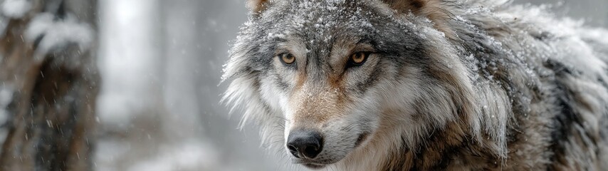 Obraz premium Fierce Wolf Staring Intently, this captivating image features a close-up view of a wolf's face, showcasing its piercing eyes and intricate fur details against a minimalist background.