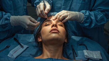 Patient Receiving Cosmetic Eye Lift Surgery Performed by Surgeons in Operating Room