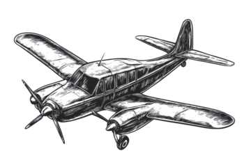 Modern airplane sketch engraving T shirt design featuring a classic propeller airplane in a detailed artistic style with a timeless appeal for aviation enthusiasts
