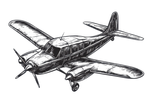 Modern airplane sketch engraving T shirt design featuring a classic propeller airplane in a detailed artistic style with a timeless appeal for aviation enthusiasts