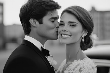 Bride and groom kiss energetically in front of vintage car, celebrating their wedding day.