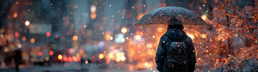 Nighttime silhouette of an individual walking through a snowy, rainy city, minimalist urban backdrop, serene atmosphere, tranquil winter scene, soft reflections on wet surfaces