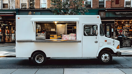 White food truck on city street mobile food vendor service