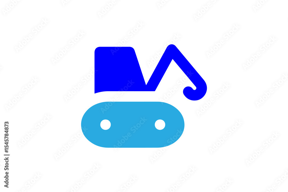 Poster the upper part of the excavator is colored in solid blue, representing the cab and the articulated a