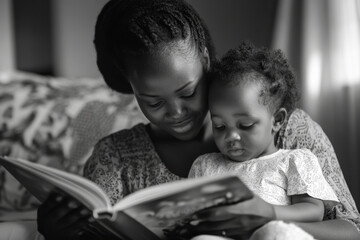 Mother reading a book to child on cozy armchair by fireplace, golden light illuminating their faces, creating a warm and intimate atmosphere.