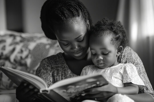 Mother reading a book to child on cozy armchair by fireplace, golden light illuminating their faces, creating a warm and intimate atmosphere.