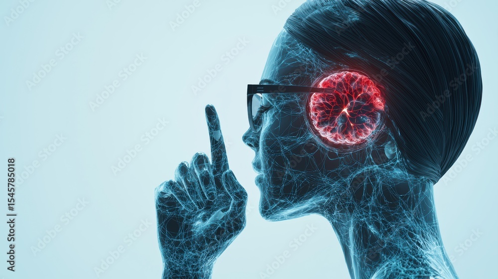 Poster a digital illustration of a person with an illuminated brain, highlighting neural connections and em