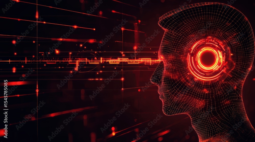 Poster a digital human head with a glowing red circular interface, symbolizing artificial intelligence and 