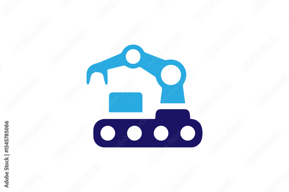 Poster the image shows a stylized icon of a robotic excavator or construction machine, designed using flat 