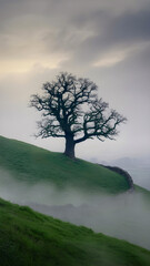 Lone Tree Silhouette on Misty Hill Under Overcast Sky