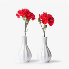 Two red carnations in white vases on a transparent background