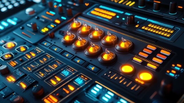 Close-up of a futuristic audio mixing console with glowing orange knobs and digital displays set against a dark background, AI network