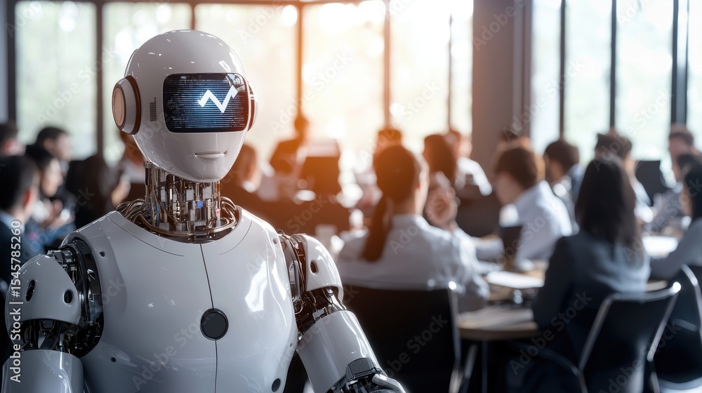 Poster a humanoid robot with a digital face stands in the foreground observing a group of people in a moder
