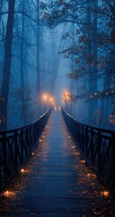 A misty, twilight scene of a wooden footbridge lined with lights, disappearing into a dense, blue-toned forest
