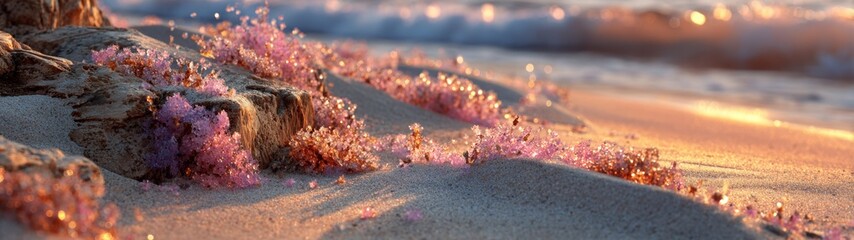 Fototapeta premium Vibrant Sunset Over Sandy Beach, an enchanting display of orange and pink hues at the ocean shore, minimalistic backdrop, inviting tranquility and warmth