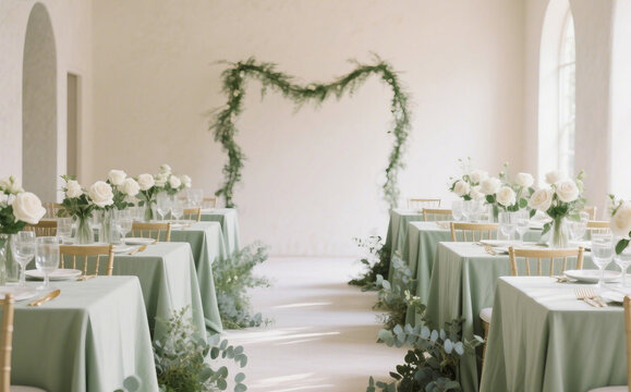 A serene wedding setup with a sage green and white color palette