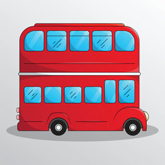 Cartoon red London double decker bus illustration. Vehicle passenger transportation. Side view flat bus tourist coach for city excursion.