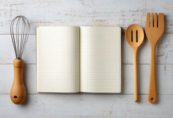 Open grid notebook flanked by wooden whisk, spoon, and spatula on a whitewashed wood surface