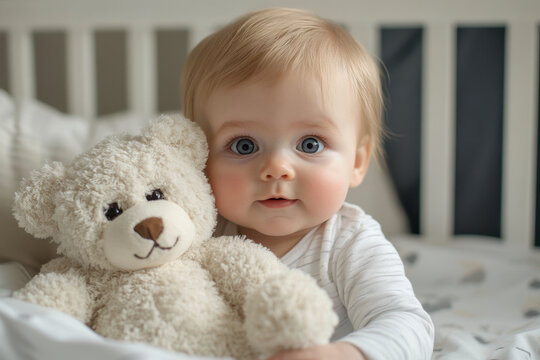 Baby holding teddy bear in a sunny park, chubby cheeks dimpling with a wide smile, surrounded by colorful flowers and lush greenery. - Powered by Adobe