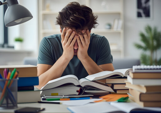 Young man feeling stressed and frustrated while studying, covering his face with his hands