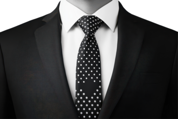 Formal black suit with a polka dot tie showcased in a minimalist setting emphasizing elegance and sophistication in attire styling