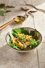 Tempura shrimp with leafy greens, bright natural light, overhead composition