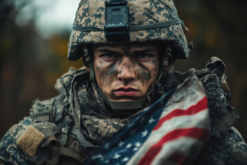 Fototapeta premium Soldier proudly holding American flag in front of Capitol building during sunny day, symbolizing patriotism and national pride.