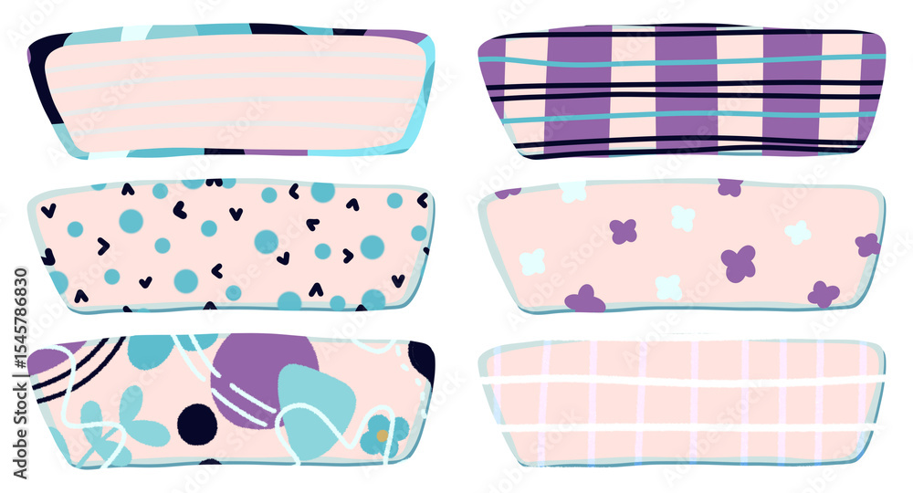 Poster a collection of six rounded rectangular elements, each featuring a unique pastel-colored abstract pa