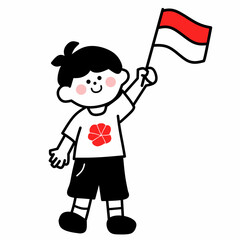 A boy waving the Indonesian flag with a red flower icon on his shirt. Perfect for celebrating Indonesia’s Independence Day, kids’ education, or national holidays.