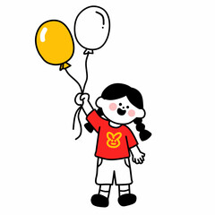 Cute girl holding yellow and white balloons, wearing a red shirt with a bunny icon. Perfect for children’s events, national celebration, or kids-themed designs.