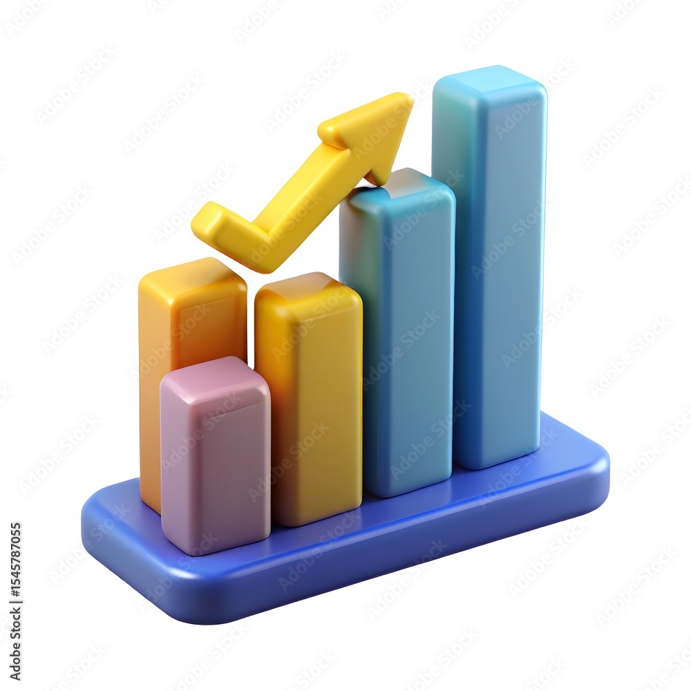 Poster 3d render of colorful bar graph showing growth and success