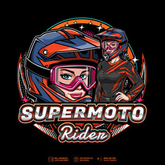 Supermoto Logo template with female racer character illustration
