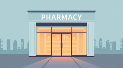 Pharmacy with a city in the background