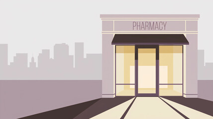 Pharmacy with a city in the background