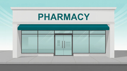 Pharmacy with a blue awning