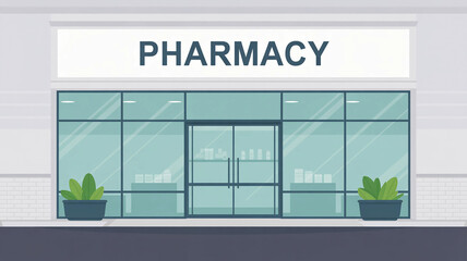 Pharmacy with a large glass door and a sign that says "Pharmacy" on it