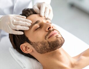 Relaxed man receiving facial massage with eyes closed in a spa setting