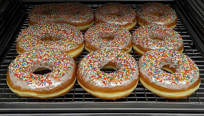 Delicious, Freshly Baked Donuts with Colorful Sprinkles on a Coo