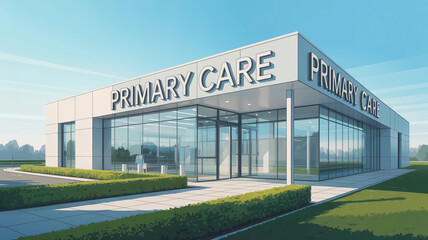 Large white building with a large glass window that says Primary Care