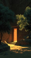 Sunlit doorway nestled within a rocky alcove, flanked by verdant trees, casting warm shadows on the path